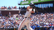 Jun 30, 2024; San Francisco, California, USA; San Francisco Giants second baseman Tyler Fitzgerald (49) hits a single against the Los Angeles Dodgers during the second inning at Oracle Park. Mandatory Credit: Kelley L Cox-USA TODAY Sports