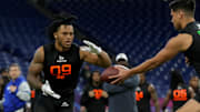 Mar 1, 2025; Indianapolis, IN, USA; North Carolina running back Omarion Hampton (RB09) during the 2025 NFL Combine at Lucas Oil Stadium. Mandatory Credit: Kirby Lee-Imagn Images