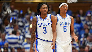 Virginia Tech v Duke; Duke basketball forwards Isaiah Evans and Maliq Brown 