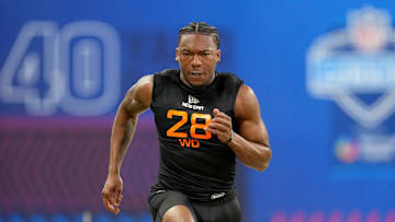 Mar 1, 2025; Indianapolis, IN, USA; Virginia Tech wideout Jaylin Lane (WO28) during the 2025 NFL Combine at Lucas Oil Stadium. Mandatory Credit: Kirby Lee-Imagn Images