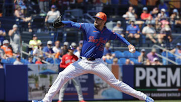 Mar 13, 2025; Port St. Lucie, Florida, USA; New York Mets pitcher David Peterson (23) throws a pitch during the first inning against the Boston Red Sox at Clover Park. 
