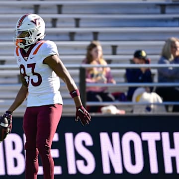 Nov 11, 2023; Chestnut Hill, Massachusetts, USA; Virginia Tech Hokies wide receiver Jaylin Lane (83) warms up before a game against the Boston College Eagles at Alumni Stadium. Mandatory Credit: Eric Canha-Imagn Images