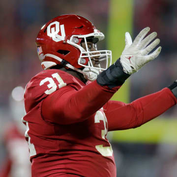 Oklahoma's Jalen Redmond (31) celebrates after a sack during a Bedlam college football game between the University of Oklahoma Sooners (OU) and the Oklahoma State University Cowboys (OSU) at Gaylord Family-Oklahoma Memorial Stadium in Norman, Okla., Saturday, Nov. 19, 2022. Oklahoma won 28-13.

Bedlam Football