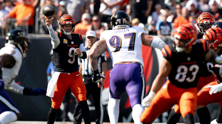 Cincinnati Bengals quarterback Joe Burrow (9) throws a pass in the third quarter of the NFL game against the Baltimore Ravens at Paycor Stadium in Cincinnati on Sunday, Oct. 6, 2024. Cincinnati Bengals quarterback Joe Burrow (9) throws a pass in the third quarter of the NFL game against the Baltimore Ravens at Paycor Stadium in Cincinnati on Sunday, Oct. 6, 2024.