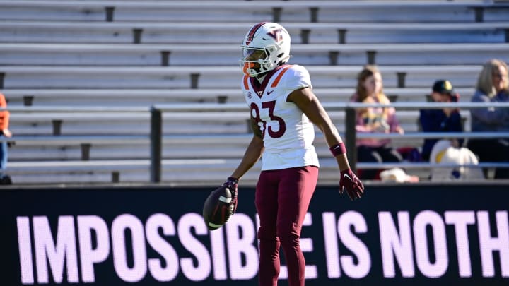 Nov 11, 2023; Chestnut Hill, Massachusetts, USA; Virginia Tech Hokies wide receiver Jaylin Lane (83) warms up before a game against the Boston College Eagles at Alumni Stadium. Mandatory Credit: Eric Canha-USA TODAY Sports