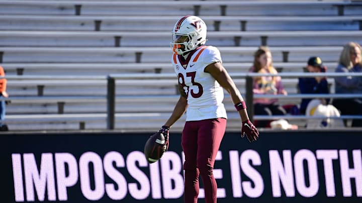 Nov 11, 2023; Chestnut Hill, Massachusetts, USA; Virginia Tech Hokies wide receiver Jaylin Lane (83) warms up before a game against the Boston College Eagles at Alumni Stadium. Mandatory Credit: Eric Canha-Imagn Images