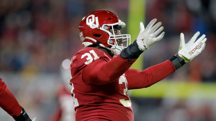 Oklahoma's Jalen Redmond (31) celebrates after a sack during a Bedlam college football game between the University of Oklahoma Sooners (OU) and the Oklahoma State University Cowboys (OSU) at Gaylord Family-Oklahoma Memorial Stadium in Norman, Okla., Saturday, Nov. 19, 2022. Oklahoma won 28-13.

Bedlam Football