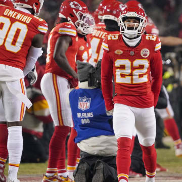 Jan 13, 2024; Kansas City, Missouri, USA; Kansas City Chiefs cornerback Trent McDuffie (22) is introduced against the Miami Dolphins prior to a 2024 AFC wild card game at GEHA Field at Arrowhead Stadium. Mandatory Credit: Denny Medley-USA TODAY Sports