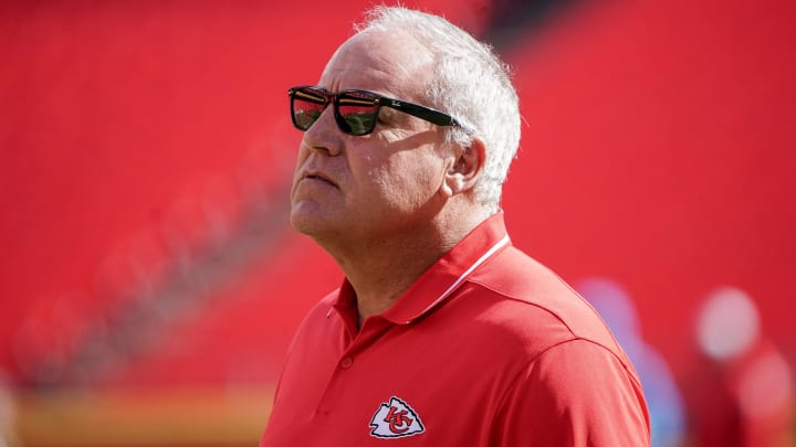 Oct 12, 2023; Kansas City, Missouri, USA; Kansas City Chiefs assistant head coach Dave Toub on field against the Los Angeles Chargers prior to a game at GEHA Field at Arrowhead Stadium. Mandatory Credit: Denny Medley-USA TODAY Sports