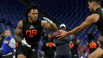 Mar 1, 2025; Indianapolis, IN, USA; North Carolina running back Omarion Hampton (RB09) during the 2025 NFL Combine at Lucas Oil Stadium. Mandatory Credit: Kirby Lee-Imagn Images