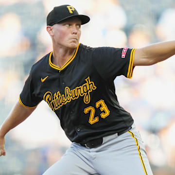 Jul 8, 2025; Kansas City, Missouri, USA; Pittsburgh Pirates starting pitcher Mitch Keller (23) pitches during the first inning against the Kansas City Royals at Kauffman Stadium. Mandatory Credit: Jay Biggerstaff-Imagn Images