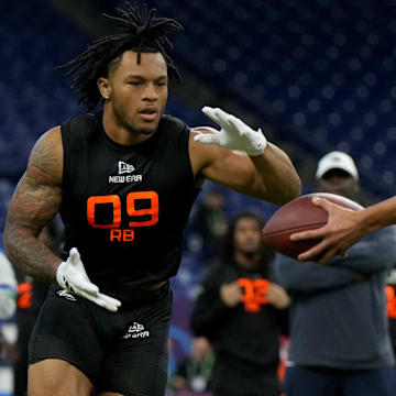 North Carolina running back Omarion Hampton during the 2025 NFL Combine at Lucas Oil Stadium. 