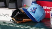 Jul 4, 2025; Atlanta, Georgia, USA; A detailed view of the Baltimore Orioles 4th of July hat in the dugout against the Atlanta Braves in the third inning at Truist Park. 