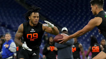 Mar 1, 2025; Indianapolis, IN, USA; North Carolina running back Omarion Hampton (RB09) during the 2025 NFL Combine at Lucas Oil Stadium. Mandatory Credit: Kirby Lee-Imagn Images