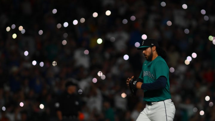 Seattle Mariners relief pitcher Andres Munoz enters the game against the New York Mets on Saturday at T-Mobile Park.