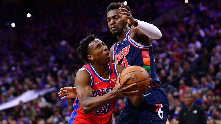 Apr 10, 2022; Philadelphia, Pennsylvania, USA; Detroit Pistons guard Saben Lee (38) drives against Philadelphia 76ers forward Paul Reed (44) in the first quarter at Wells Fargo Center. Mandatory Credit: Kyle Ross-USA TODAY Sports