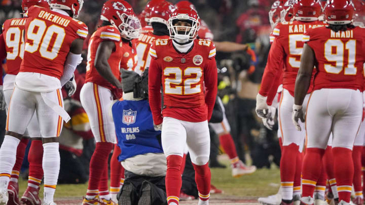 Jan 13, 2024; Kansas City, Missouri, USA; Kansas City Chiefs cornerback Trent McDuffie (22) is introduced against the Miami Dolphins prior to a 2024 AFC wild card game at GEHA Field at Arrowhead Stadium. Mandatory Credit: Denny Medley-USA TODAY Sports