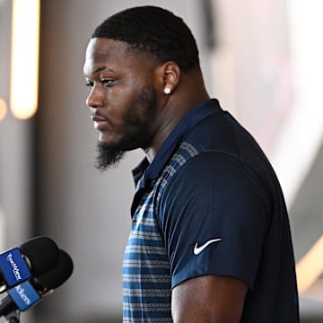 Mar 13, 2025; Foxborough, MA, USA; New England Patriots defensive tackle Milton Williams discusses his recent free agent addition to the Patriots with the media at Gillette Stadium. Mandatory Credit: Eric Canha-Imagn Images