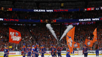 Jun 15, 2024; Edmonton, Alberta, CAN; The Edmonton Oilers celebrate defeating the Florida Panthers in game four of the 2024 Stanley Cup Final 