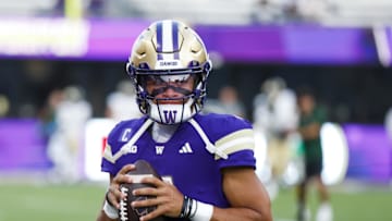Aug 30, 2025; Seattle, Washington, USA; Washington Huskies quarterback Demond Williams Jr. (2) passes during pregame warmups against the Colorado State Rams at Husky Stadium. Mandatory Credit: Joe Nicholson-Imagn Images