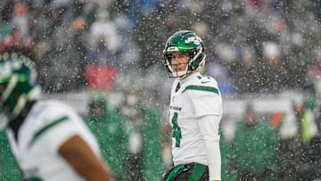 Jan 7, 2024; Foxborough, Massachusetts, USA; New York Jets quarterback Trevor Siemian (14) on the field against the New England Patriots in the second half at Gillette Stadium. Mandatory Credit: David Butler II-Imagn Images