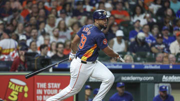 Houston Astros first baseman Jose Abreu (79) hits a single during the seventh inning against the Toronto Blue Jays at Minute Maid Park on April 2.
