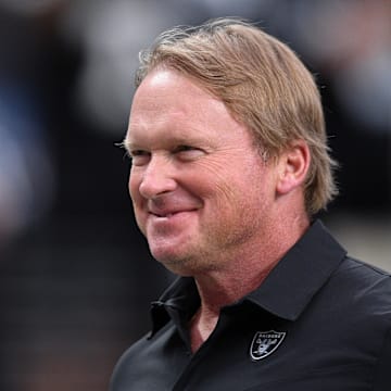 Aug 14, 2021; Paradise, Nevada, USA; Las Vegas Raiders manager Jon Gruden looks on before the game Seattle Seahawks at Allegiant Stadium. Mandatory Credit: Orlando Ramirez-Imagn Images