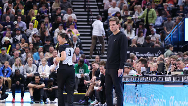 Apr 9, 2024; Salt Lake City, Utah, USA; Utah Jazz head coach Will Hardy looks on against the Denver Nuggets during the third 