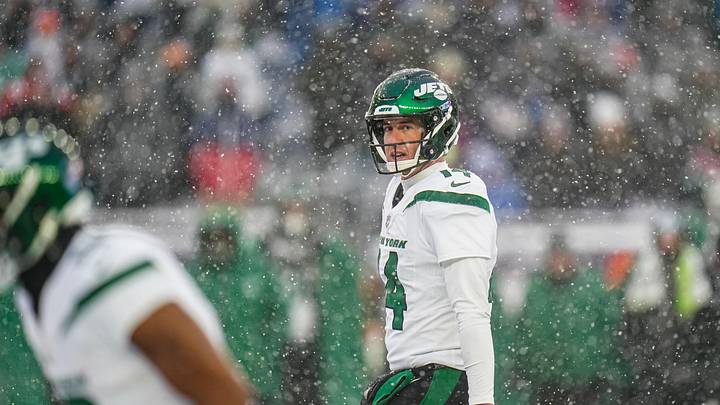 Jan 7, 2024; Foxborough, Massachusetts, USA; New York Jets quarterback Trevor Siemian (14) on the field against the New England Patriots in the second half at Gillette Stadium. Mandatory Credit: David Butler II-Imagn Images