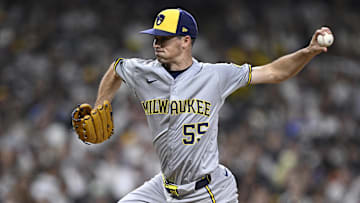 Jun 20, 2024; San Diego, California, USA; Milwaukee Brewers relief pitcher Hoby Milner (55) pitches against the San Diego Padres during the seventh inning at Petco Park. Mandatory Credit: Orlando Ramirez-Imagn Images