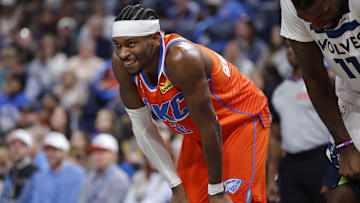 Nov 26, 2025; Oklahoma City, Oklahoma, USA; Oklahoma City Thunder guard Shai Gilgeous-Alexander (2) smiles during a break in play while the Minnesota Timberwolves shoots free throws during the second half at Paycom Center. Mandatory Credit: Alonzo Adams-Imagn Images