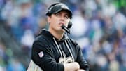 Sep 21, 2025; Seattle, Washington, USA; New Orleans Saints head coach Kellen Moore looks on during the second half against the Seattle Seahawks at Lumen Field. Mandatory Credit: Joe Nicholson-Imagn Images