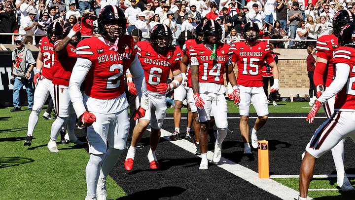 Oct 17, 2026; Lubbock, Texas, USA;  The Texas Tech Red Raiders celebrate a touchdown in the first half against the Arizona State Sun Devils at Galaxy Stadium.  Mandatory Credit: Michael C. Johnson-Imagn Images