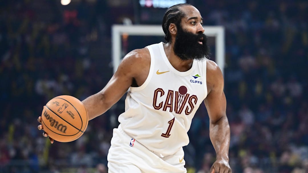 Mar 9, 2026; Cleveland, Ohio, USA; Cleveland Cavaliers guard James Harden (1) brings the ball up court against the Philadelphia 76ers during the second half at Rocket Arena. Mandatory Credit: Ken Blaze-Imagn Images