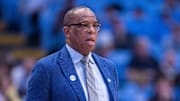 Nov 18, 2025; Chapel Hill, North Carolina, USA; North Carolina Tar Heels head coach Hubert Davis looks on during the first half against the Navy Midshipmen at Dean E. Smith Center. Mandatory Credit: Scott Kinser-Imagn Images