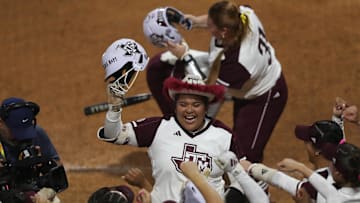 May 8, 2025; Athens, GA, USA; Texas A&aM infielder Mya Perez (24) reacts after hitting a home run during a game against South Carolina at Jack Turner Stadium. Mandatory Credit: Mady Mertens-Imagn Images