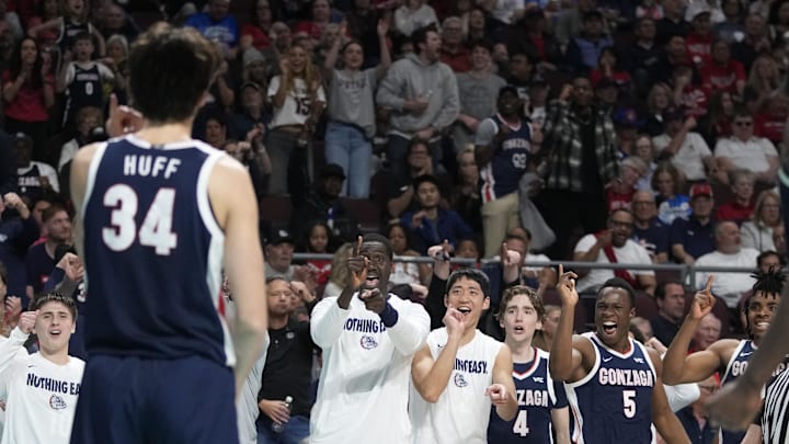 Gonzaga Bulldogs bench celebrates with forward Braden Huff (34) against the Saint Mary's Gaels during the second half in the final of the West Coast Conference tournament at Orleans Arena Gonzaga Bulldogs bench celebrates with forward Braden Huff (34) against the Saint Mary's Gaels during the second half in the final of the West Coast Conference tournament at Orleans Arena