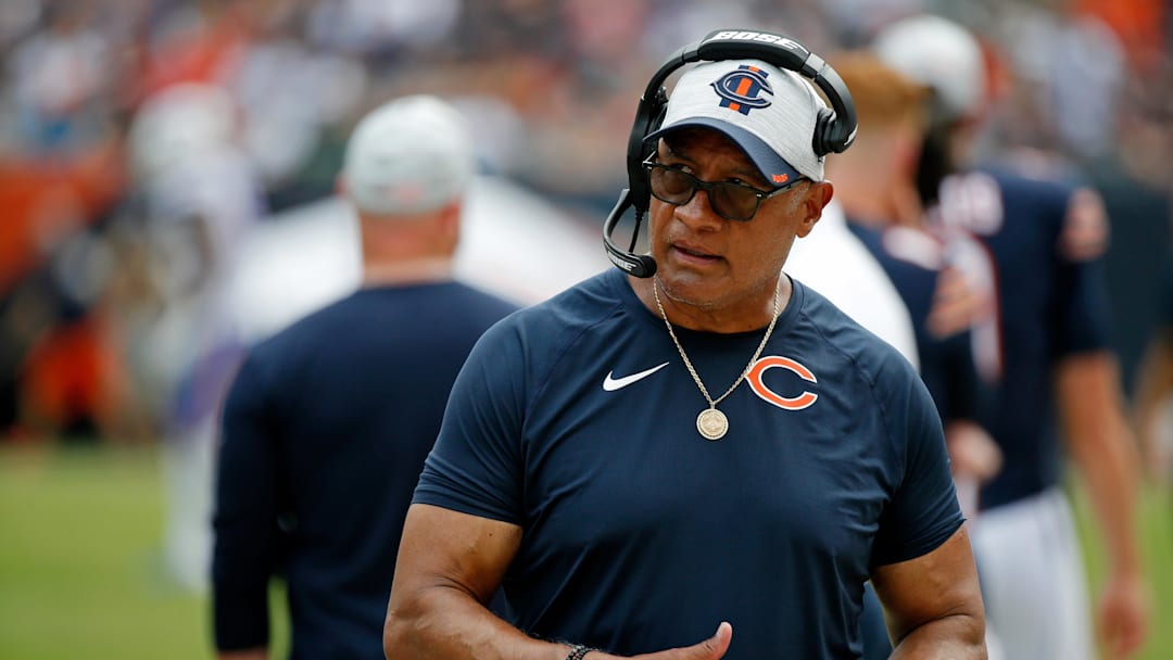 Aug 21, 2021; Chicago, Illinois, USA; Chicago Bears offensive line coach Juan Castillo looks on from the sideline during the second half against the Buffalo Bills at Soldier Field. The Buffalo Bills won 41-15. Mandatory Credit: Jon Durr-Imagn Images