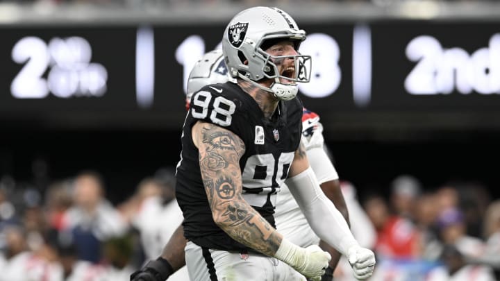 Oct 15, 2023; Paradise, Nevada, USA; Las Vegas Raiders defensive end Maxx Crosby (98) reacts to a play against the New England Patriots in the second quarter at Allegiant Stadium. Mandatory Credit: Candice Ward-USA TODAY Sports