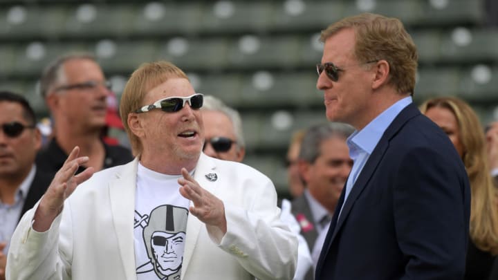 Oct 7, 2018; Carson, CA, USA; Oakland Raiders owner Mark Davis (left) and NFL commissioner Roger Goodell talk before a game between the Raiders and the Los Angeles Chargers at StubHub Center. Mandatory Credit: Kirby Lee-USA TODAY Sports