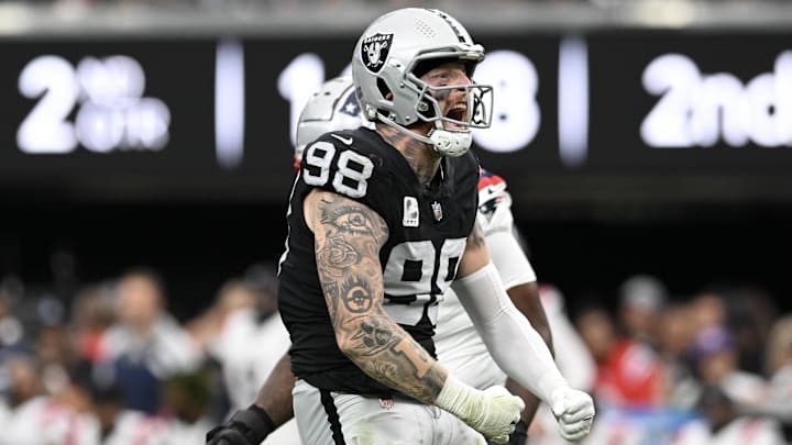 Oct 15, 2023; Paradise, Nevada, USA; Las Vegas Raiders defensive end Maxx Crosby (98) reacts to a play against the New England Patriots in the second quarter at Allegiant Stadium. Mandatory Credit: Candice Ward-Imagn Images