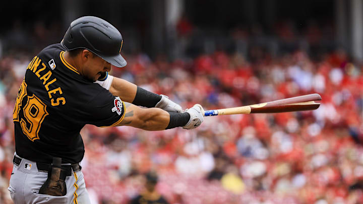 Sep 22, 2024; Cincinnati, Ohio, USA; Pittsburgh Pirates shortstop Nick Gonzales (39) breaks his bat on a pitch in the third inning against the Cincinnati Reds at Great American Ball Park. Mandatory Credit: Katie Stratman-Imagn Images Sep 22, 2024; Cincinnati, Ohio, USA; Pittsburgh Pirates shortstop Nick Gonzales (39) breaks his bat on a pitch in the third inning against the Cincinnati Reds at Great American Ball Park. Mandatory Credit: Katie Stratman-Imagn Images