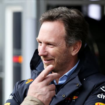 BARCELONA, SPAIN - FEBRUARY 27: Red Bull Racing Team Principal Christian Horner and Jos Verstappen talk in the Pitlane during Day Two of F1 Winter Testing at Circuit de Barcelona-Catalunya on February 27, 2020 in Barcelona, Spain. (Photo by Charles Coates/Getty Images)