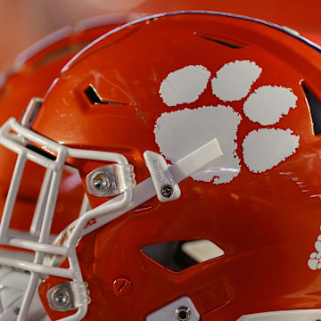 Oct 8, 2022; Chestnut Hill, Massachusetts, USA; The logo of the Clemson Tigers is seen on a football helmet during the second half of the game between the Boston College Eagles and the Clemson Tigers at Alumni Stadium. 