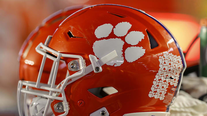 Oct 8, 2022; Chestnut Hill, Massachusetts, USA; The logo of the Clemson Tigers is seen on a football helmet during the second half of the game between the Boston College Eagles and the Clemson Tigers at Alumni Stadium. 