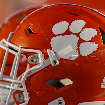 Oct 8, 2022; Chestnut Hill, Massachusetts, USA; The logo of the Clemson Tigers is seen on a football helmet during the second half of the game between the Boston College Eagles and the Clemson Tigers at Alumni Stadium.