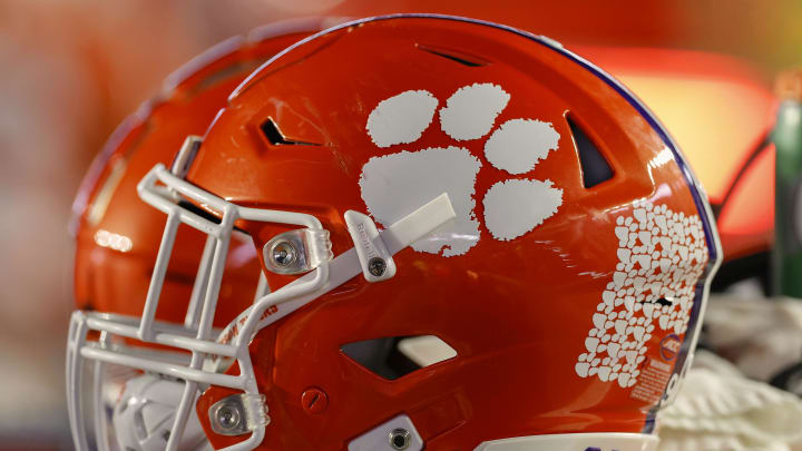 Oct 8, 2022; Chestnut Hill, Massachusetts, USA; The logo of the Clemson Tigers is seen on a football helmet during the second half of the game between the Boston College Eagles and the Clemson Tigers at Alumni Stadium. Mandatory Credit: Winslow Townson-USA TODAY Sports