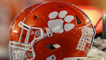 Oct 8, 2022; Chestnut Hill, Massachusetts, USA; The logo of the Clemson Tigers is seen on a football helmet during the second half of the game between the Boston College Eagles and the Clemson Tigers at Alumni Stadium. Mandatory Credit: Winslow Townson-Imagn Images
