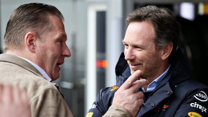 BARCELONA, SPAIN - FEBRUARY 27: Red Bull Racing Team Principal Christian Horner and Jos Verstappen talk in the Pitlane during Day Two of F1 Winter Testing at Circuit de Barcelona-Catalunya on February 27, 2020 in Barcelona, Spain. (Photo by Charles Coates/Getty Images)