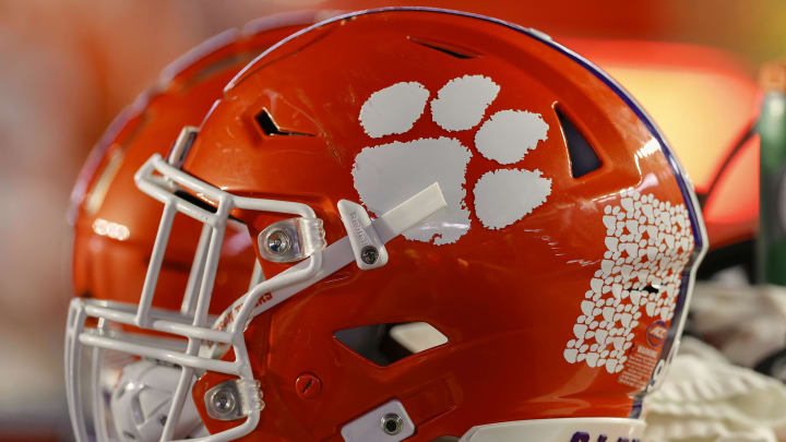 The logo of the Clemson Tigers is seen on a football helmet